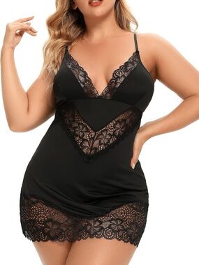 Black Lace V-Neck Chemise with Floral Panels